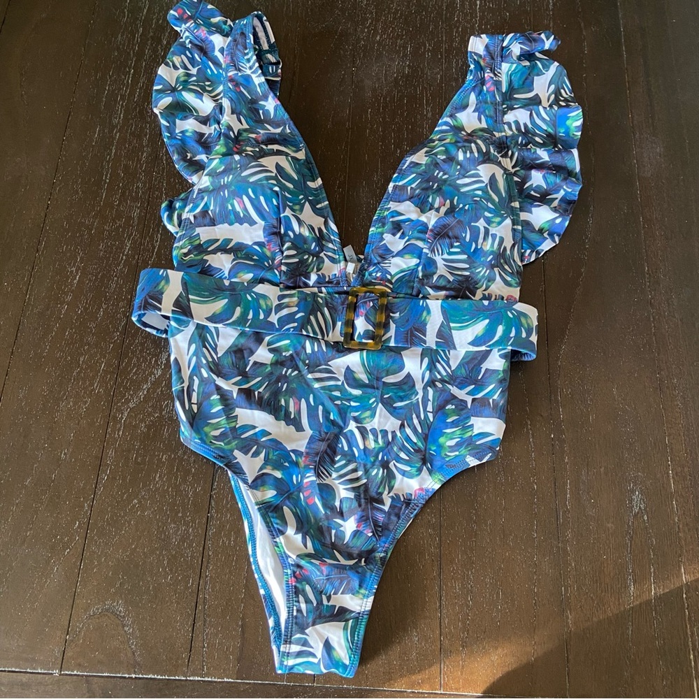 Avanova Women's One Piece‎ Swimsuit Ruffle Strappy Deep V Neck Tropical NWT XL